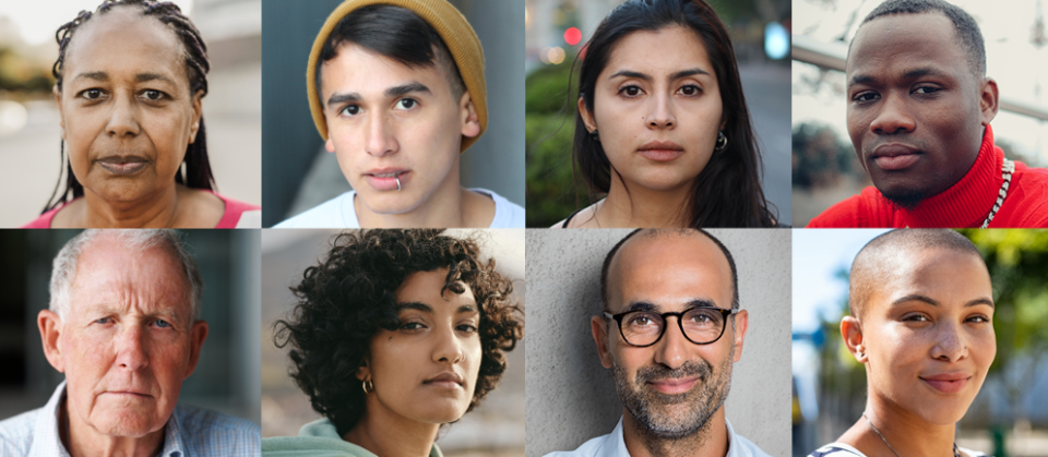 Photo portraits of eight people arranged in a 2 by 4 grid